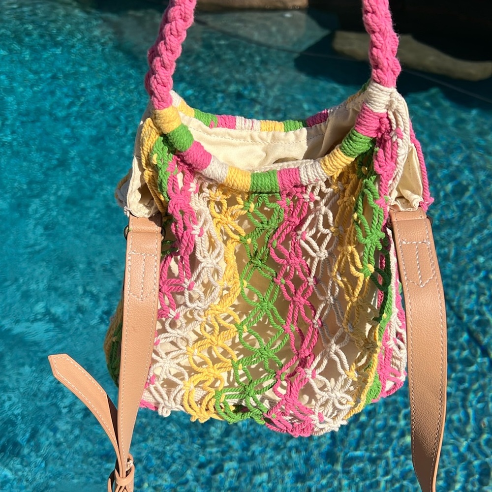 Crochet cross body bag pink green yellow nature white adjustable strap NWOT